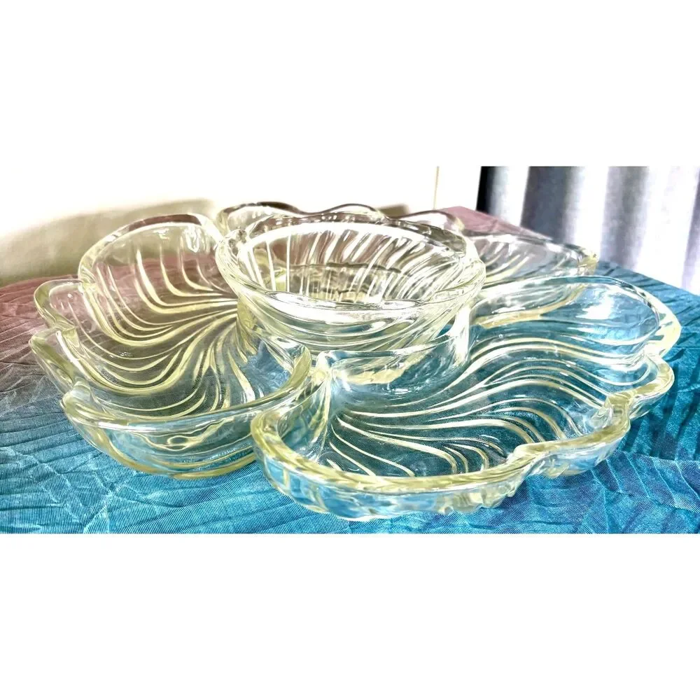 Vintage Glass Chip & Dip Serving Set 5 Pc Clear Swirl Party Platter